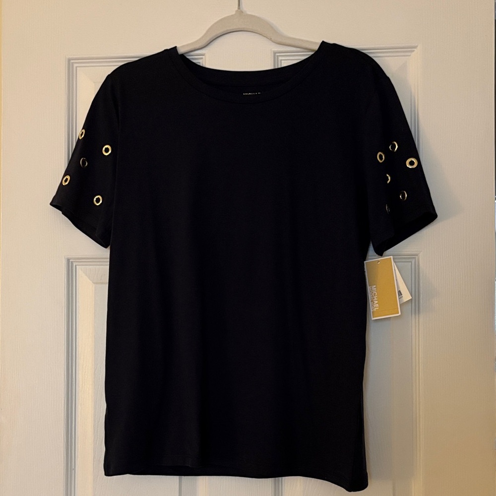 MICHAEL Michael Kors Navy Tee with Gold Eyelet Sleeves